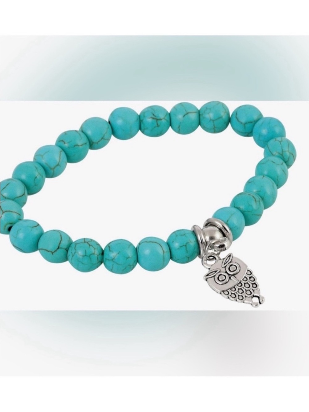Turquoise Beaded Owl Charm Stretch Bracelet - Women Jewelry